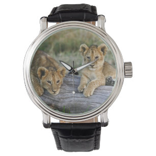 Löwenjunge auf Baumstamm Armbanduhr