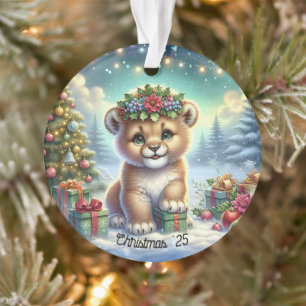 Löwenjunges & Weihnachtsstern-Kronen-Schneeszene Ornament