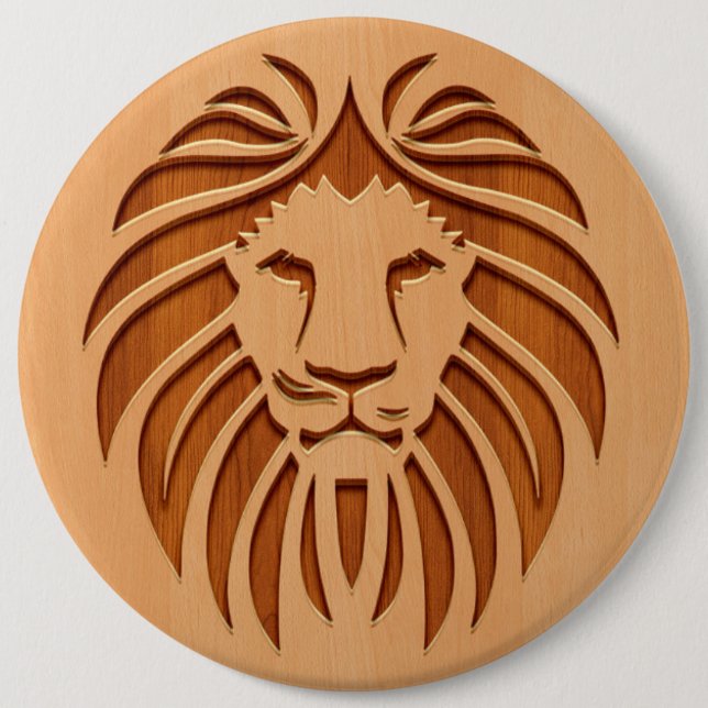 Löwenkopf in Holzdesign graviert Button (Vorderseite)