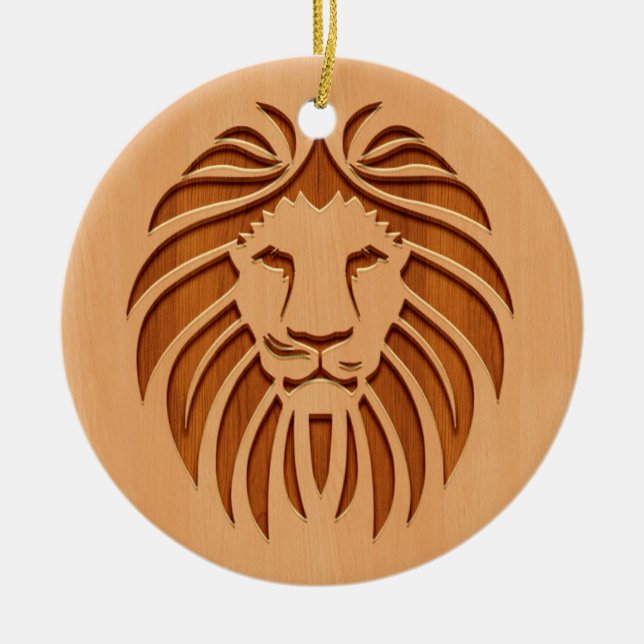 Löwenkopf in Holzdesign graviert Keramik Ornament (Vorne)