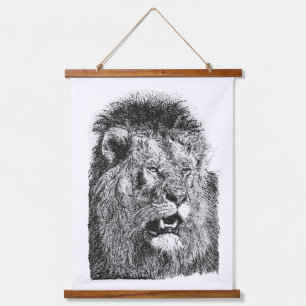Löwenkopf Schwarz Weiß Wildlife-Kunst Handgezeichn Wandteppich Mit Holzrahmen