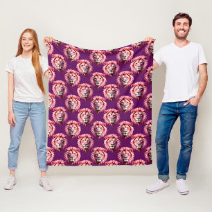 Löwenkopf-Tiermuster-Design in Rosa Lila Fleecedecke