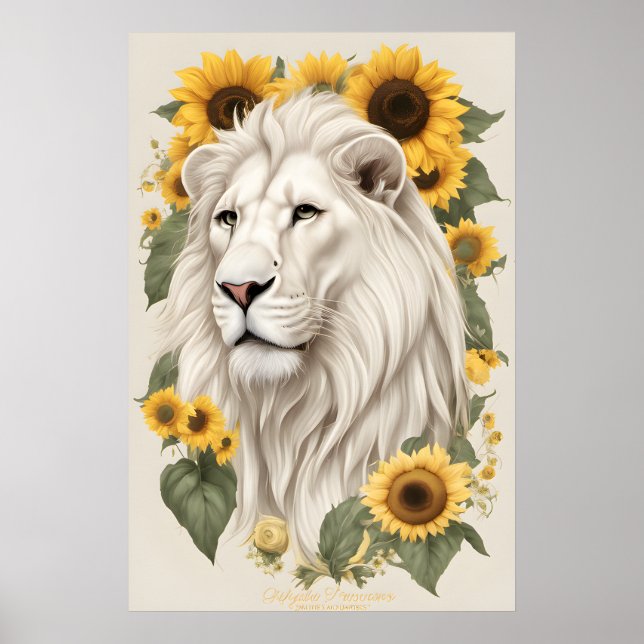 Löwenkunst, Sonnenblumen und Wildlife Safari Weiße Poster (Vorne)