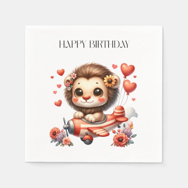 Löwenpilot Geburtstag Serviette (Vorderseite)
