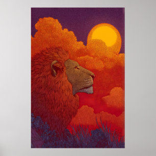 Löwensonnenuntergang-Wandkunst Feurige Mähne, Krei Poster