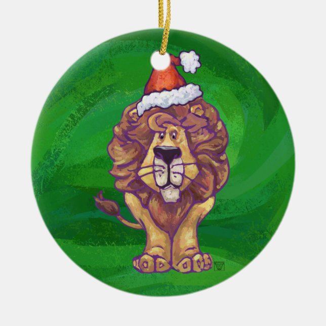 Löwenweihnacht auf Grün Keramikornament (Vorne)