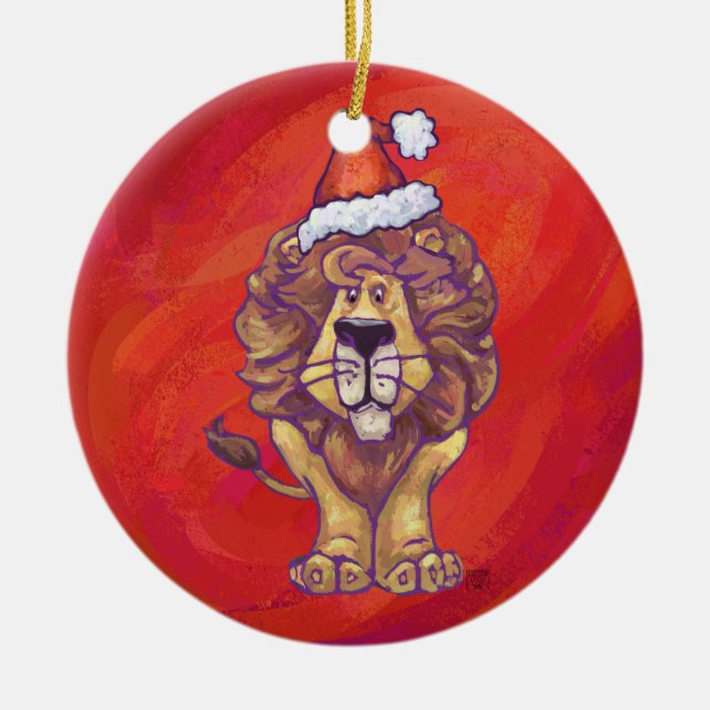 Löwenweihnacht auf Rot Keramikornament (Vorne)