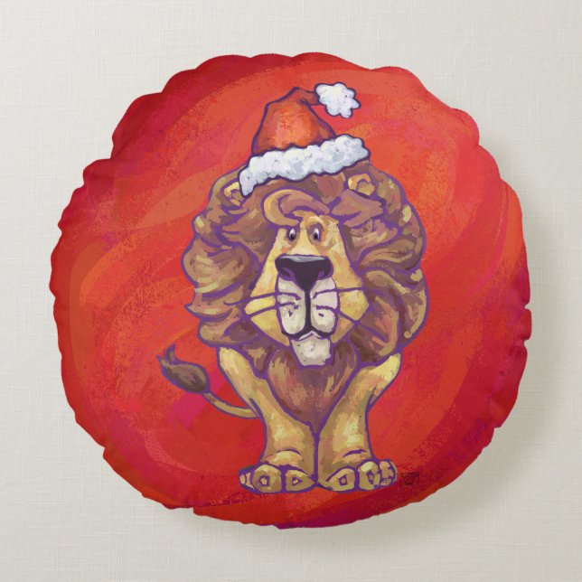 Löwenweihnacht auf Rot Rundes Kissen (Vorderseite)