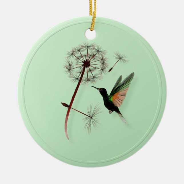 Löwenzahn und kleine grüne Kolibri-Verzierungen Keramikornament (Vorne)