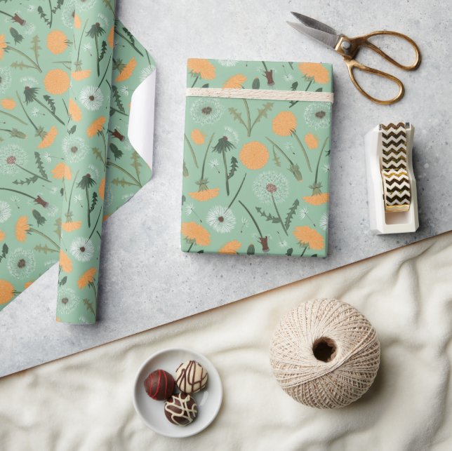 Löwenzahnblüten Orangefarbenes Blumenmuster Geschenkpapier (Kunsthandwerk)