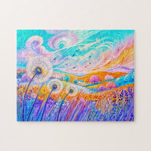 Löwenzahnsamen schweben im sanften Wind