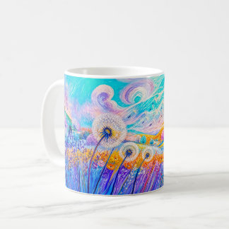 Löwenzahnsamen treiben in sanfter Brise Kaffeetasse