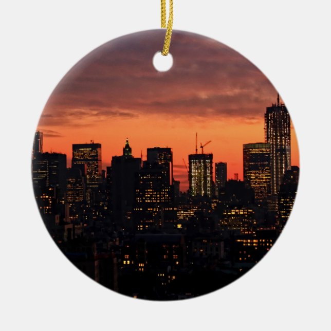 Lower Manhattan Skyline at Twilight, Pink Sky A1 Keramikornament (Vorne)