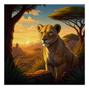 Löwin in einer Wildnisumgebung Poster