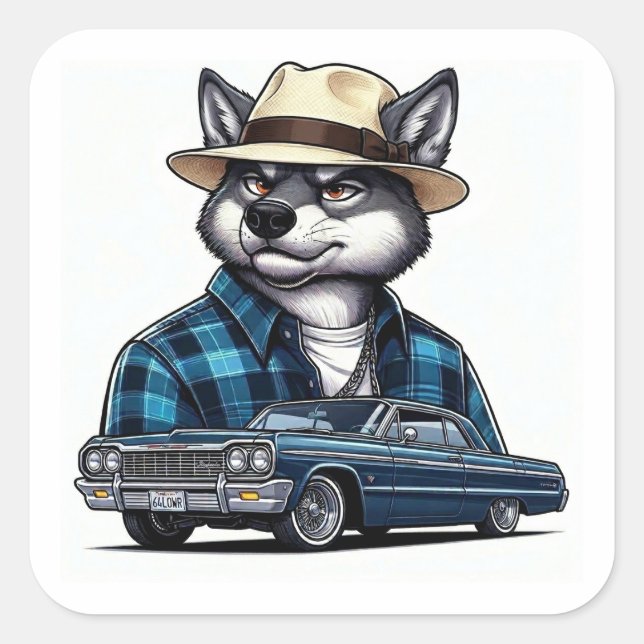 Lowrider Wolf Quadratischer Aufkleber (Vorderseite)