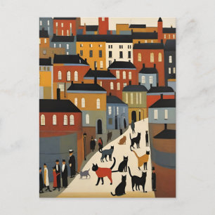 Lowry Style Cat Postcard Postkarte