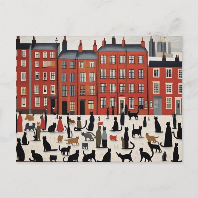 Lowry Style Cat Postcard Postkarte (Vorderseite)