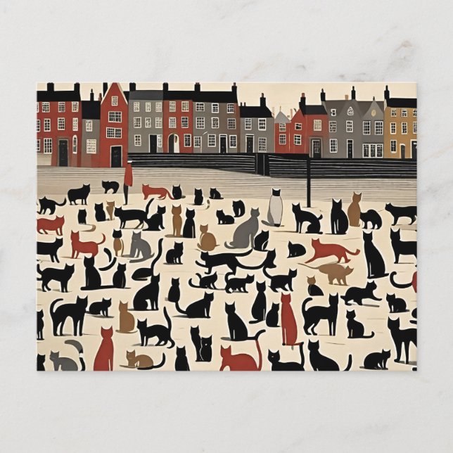 Lowry Style Cat Postcard Postkarte (Vorderseite)