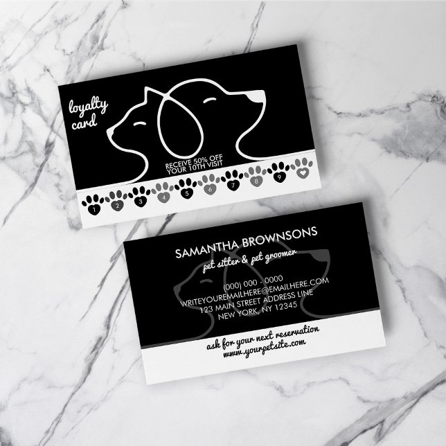 Loyalität des Schwarz-weißen Katzen Hunde Pet Paws Visitenkarte (Black White Cat Dog Pet Paws Discount Loyalty Business Card)