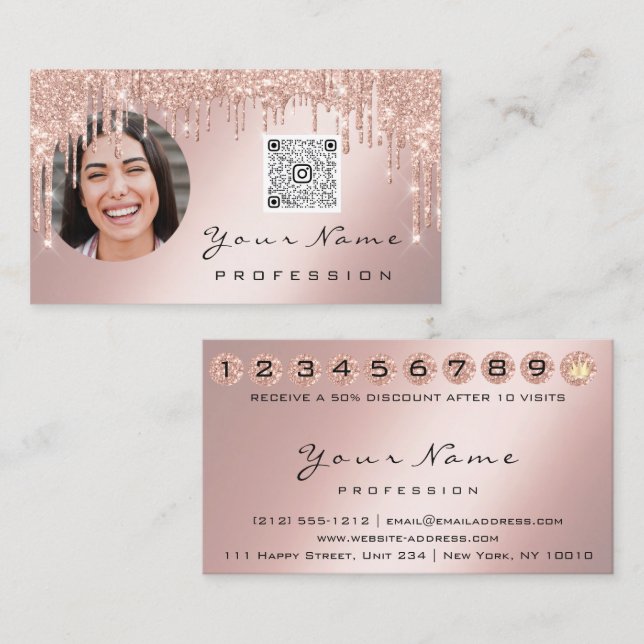 Loyalitätskarte 10 Punch Rose QR Logo Foto Visitenkarte (Vorne/Hinten)