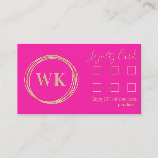 Loyalitätskarte Modern Monogram Hot Pink Gold Visitenkarte (Vorderseite)