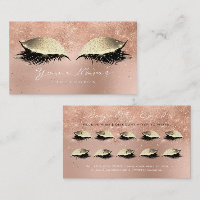 Loyalty Card 10 Makeup Lashes Rosa Gold Lux Treuekarte (Vorne/Hinten)