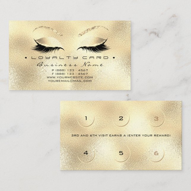 Loyalty Card 6 Beauty Salon Lashes Gold Glitzer V Treuekarte (Vorne/Hinten)