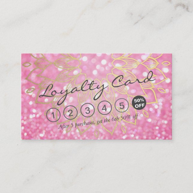 Loyalty Card Rosa Glitzer Gold Blütenmakeup Haar Treuekarte (Vorderseite)