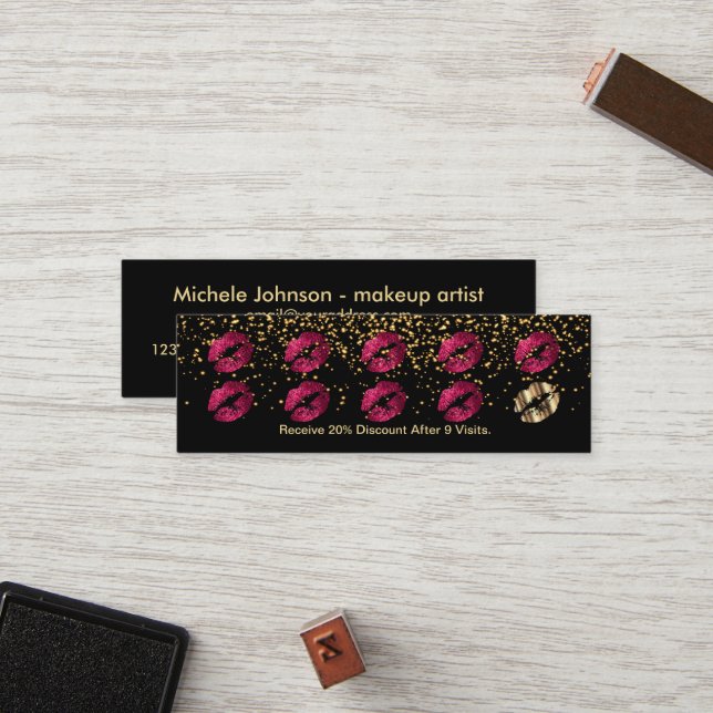 Loyalty Punch Card - Hot Pink Glitzer und Gold 3 Treuekarte (Vorderseite/Rückseite Beispiel)
