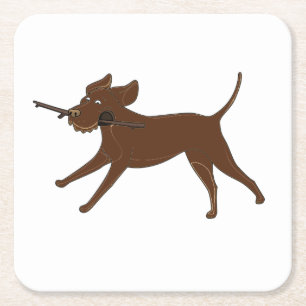 LR-Chocolate-Labrador mit Stock Rechteckiger Pappuntersetzer