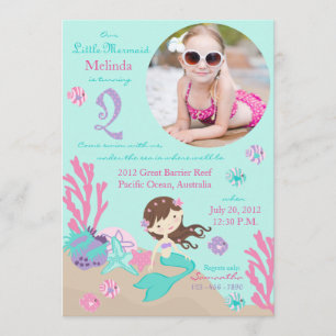 Lt Brünett Mermaid Zweiter Geburtstag Einladung