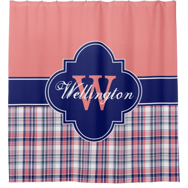 Lt Coral Navy Blue Madras Kariert 1ICB Ribbon Name Duschvorhang (Vorderseite)
