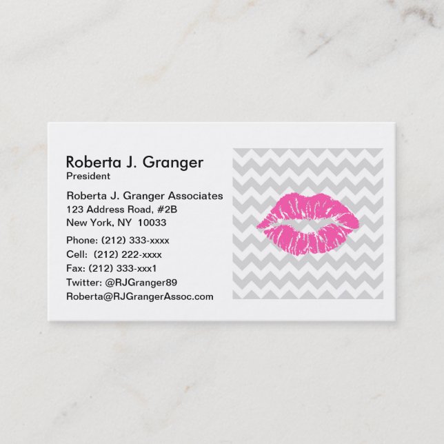 Lt grau weiß Zickzack, Pink Lipstick Kiss Visitenkarte (Vorderseite)