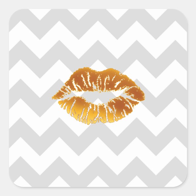 Lt Grau White Zickzack, Gold Lipstick Kiss Quadratischer Aufkleber (Vorderseite)