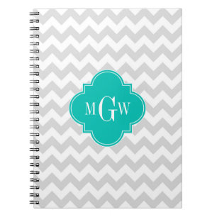Lt Grau Wht Chevron Türkis Quatrefoil 3 Monogramm Notizblock