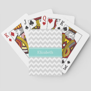 Lt Grau Wht Chevron Zickzack Aqua Namensmonogramm Spielkarten