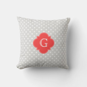 Lt Grau Wt Polka Dot Korallenrot Vierpass Monogram Kissen