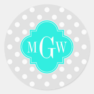 Lt Gray Polka Dots Brt Aqua Quatrefolie 3 Monogram Runder Aufkleber
