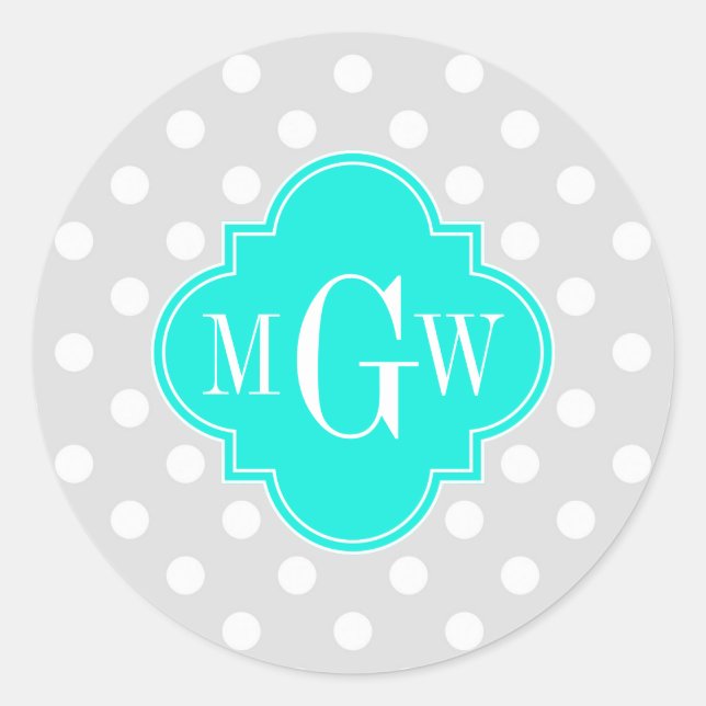 Lt Gray Polka Dots Brt Aqua Quatrefolie 3 Monogram Runder Aufkleber (Vorderseite)