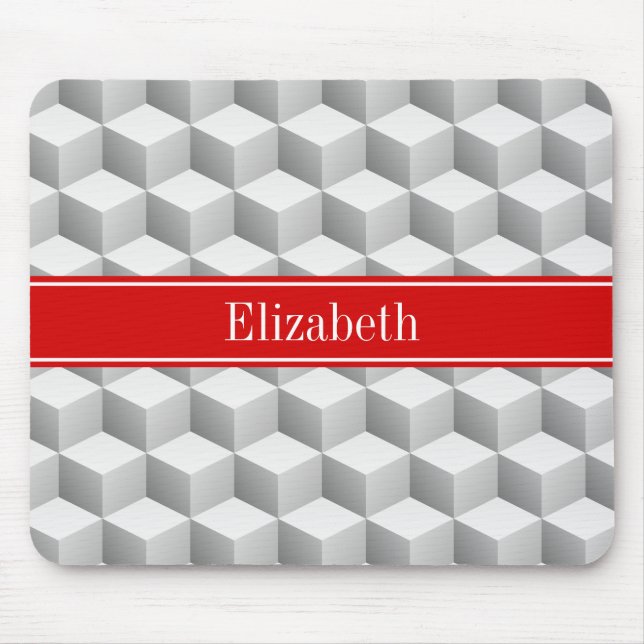 Lt Gray Welch 3D sieht Cubes Red Name Monogram aus Mousepad (Vorne)