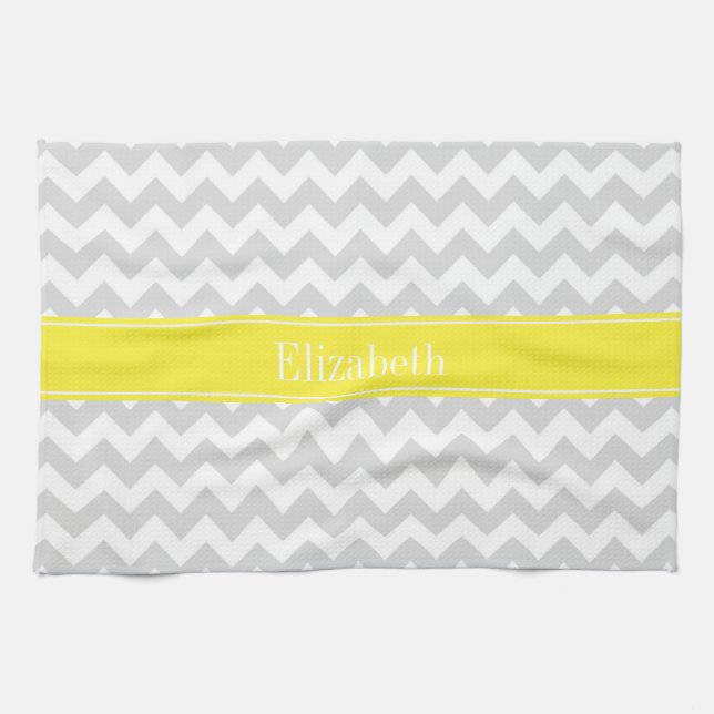 Lt Gray Welch Zickzack Gelbe Bezeichnung Monogramm Geschirrtuch (Horizontal)