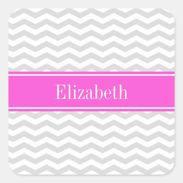 Lt Gray Welches Zickzack, Hot-Pink-Name Monogramm Quadratischer Aufkleber (Vorderseite)