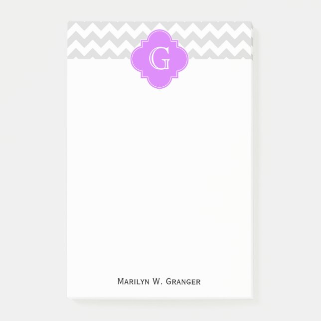 Lt Gray Welches Zickzack Lilac Quatrefolie Monogra Post-it Klebezettel (Vorderseite)