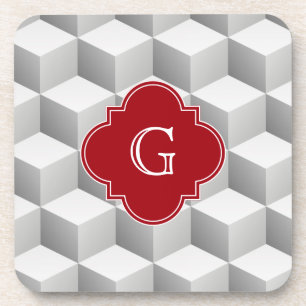 Lt Gray White 3D Look Cubes Cranberry Monogram Untersetzer