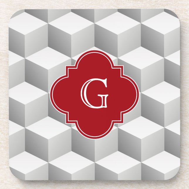 Lt Gray White 3D Look Cubes Cranberry Monogram Untersetzer (Vorderseite)