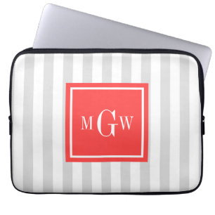 Lt Gray White Strip Coral Red Square 3 Monogramm Laptopschutzhülle
