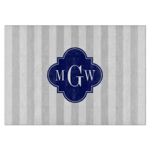 Lt Gray White Strip Navy Quatrefolie 3 Monogramm Schneidebrett