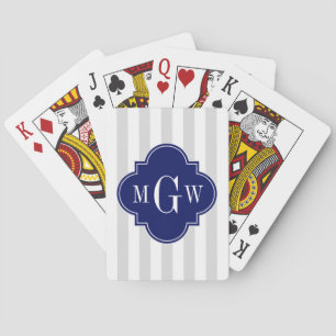 Lt Gray White Strip Navy Quatrefolie 3 Monogramm Spielkarten
