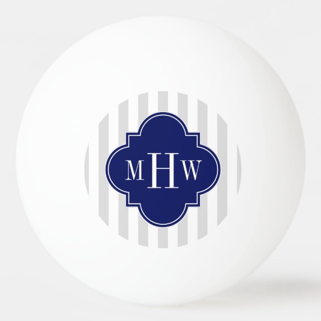 Lt Gray White Strip Navy Quatrefolie 3 Monogramm Tischtennisball (Vorderseite)