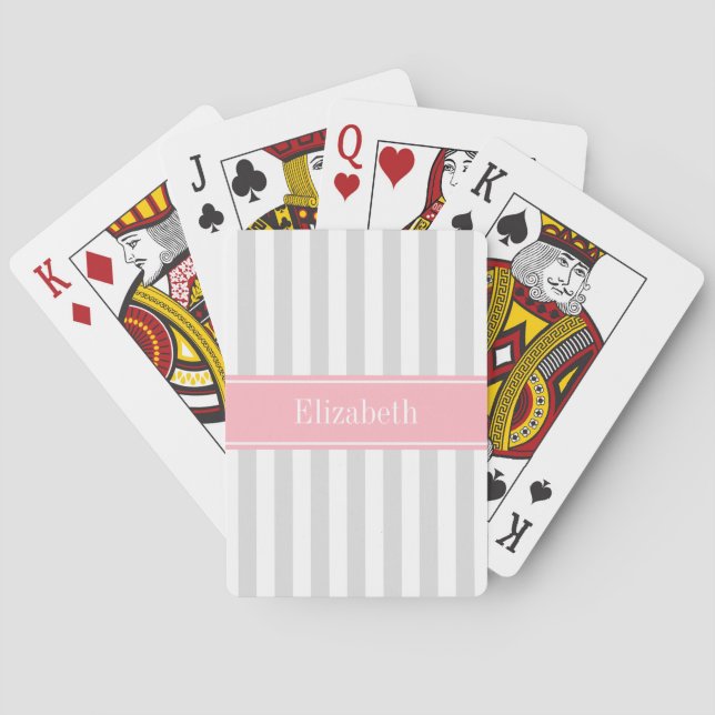 Lt Gray White Strip Pink Name Monogram Spielkarten (Rückseite)